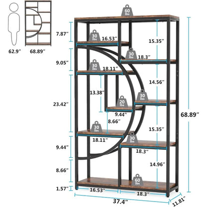 Bookshelf Industrial 5 Tier Bookcase, Freestanding Tall Bookshelves Display Shelf Storage Organizer with 9-Open Storage Shelf