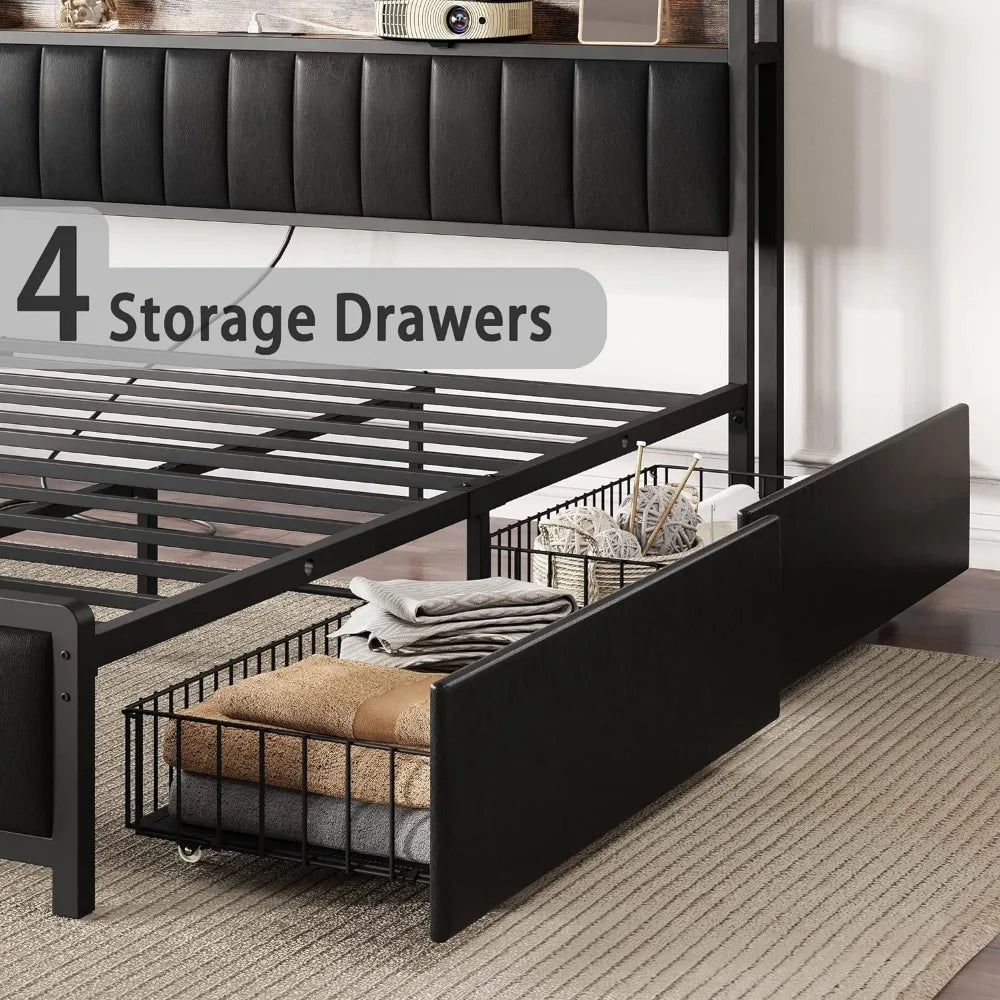 King size Bed Frame with Storage Drawers Footboard Upholstered Platform USB Ports & Outlets Bed