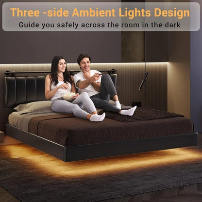 King Size Bed Frame with LED Lights and Wall Mounted Headboard Modern Upholstered Platform Low Profile LED Bed Frame