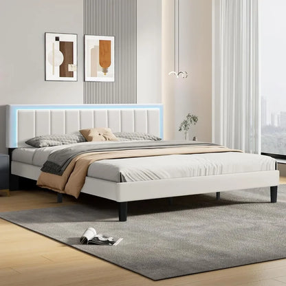 King Size Bed Frame,Upholstered Faux Leather Bed,With Adjustable Headboard and Footboard,Heavy-duty Wood Slat Supports