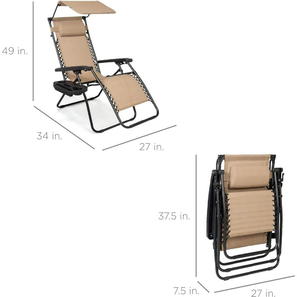 Folding Beach Chair, Adjustable Canopy Shade and Headrest and Side Accessory Tray, All Weather Outdoor Lounge Chairs.