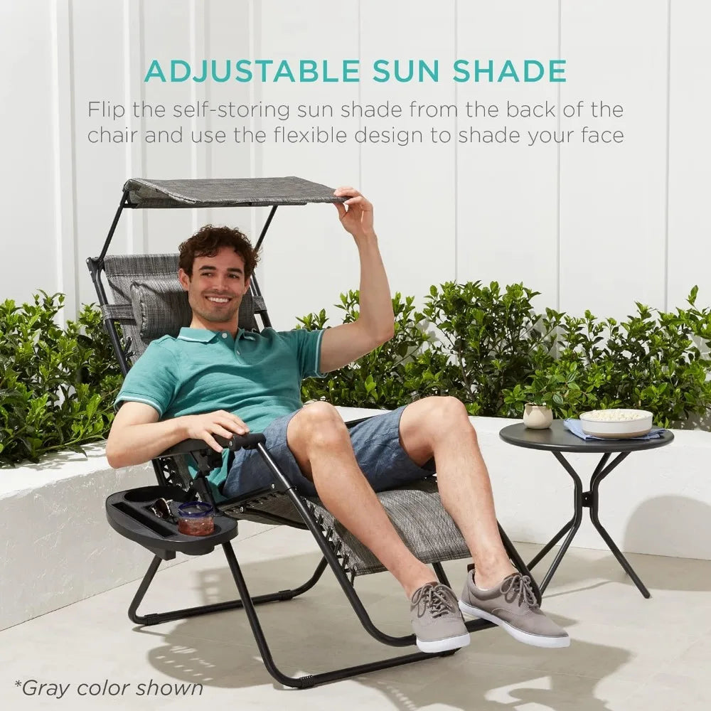 Folding Beach Chair, Adjustable Canopy Shade and Headrest and Side Accessory Tray, All Weather Outdoor Lounge Chairs.