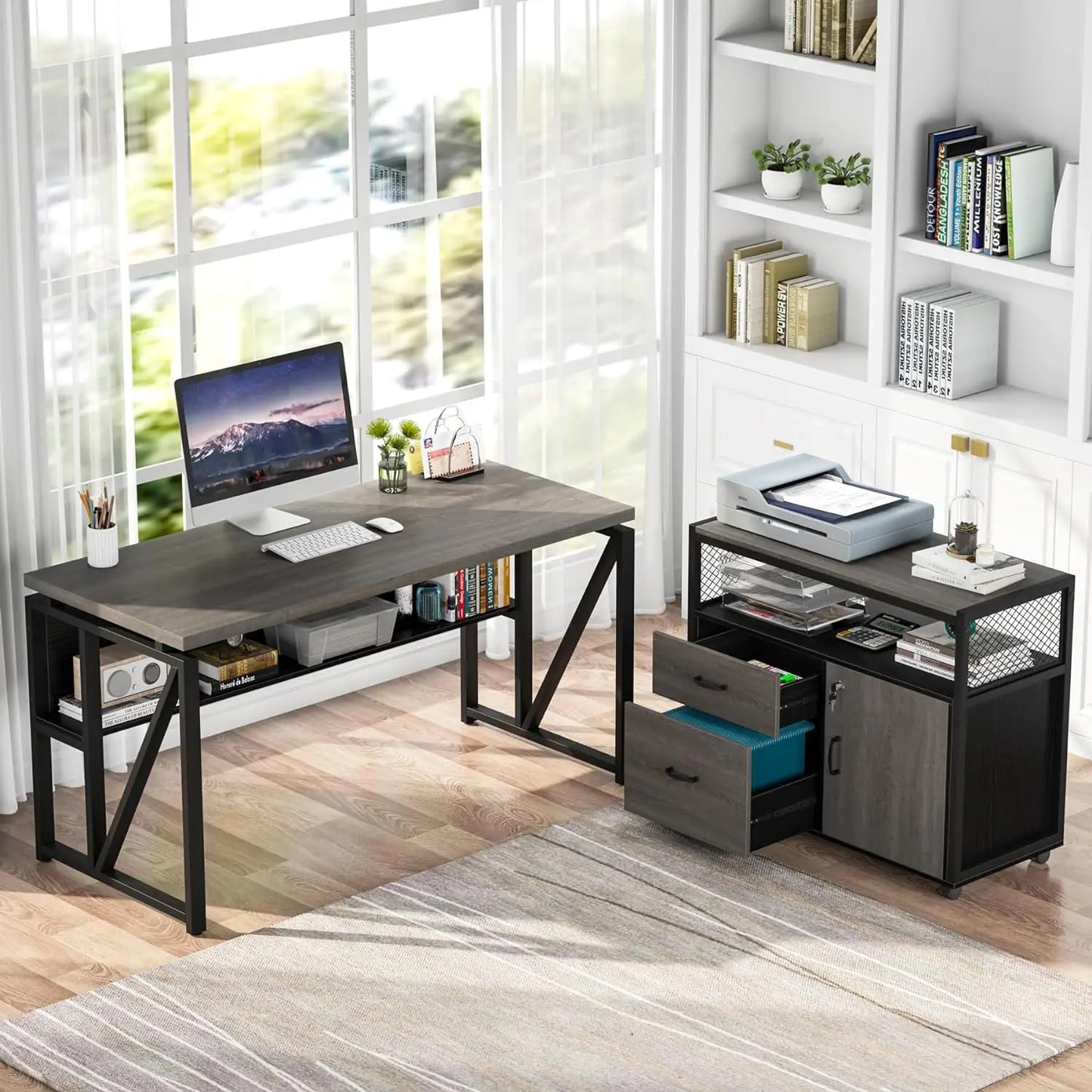 Tribesigns Office Desk with Cabinet Drawers, 55 inches Executive Desk,L Shaped Computer Desk with Storage Shelves and Mobile Fil