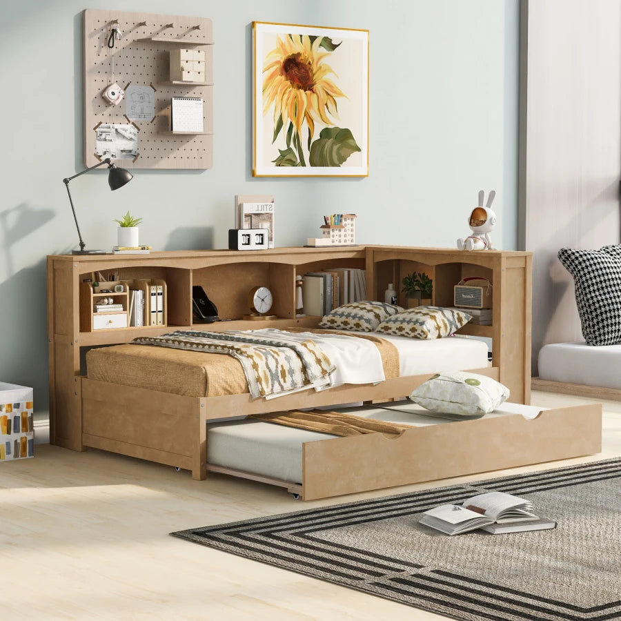 Twin Size Daybed,Wood Daybed with Trundle,Storage Cabinets and USB Ports,No Box Spring Required,Daybed Comfortable for bedroom