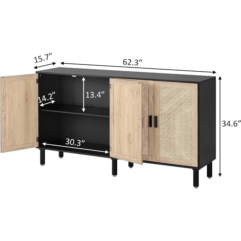 4 Door Sideboard Buffet Cabinet Kitchen Storage Cabinet with Rattan Decorated Console Table Boho Accent Liquor Cabinet