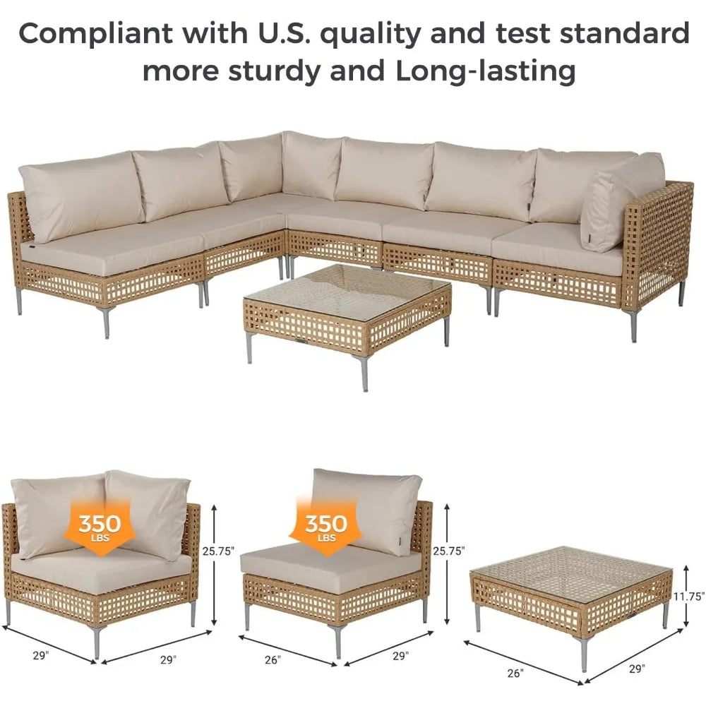 7-Piece Wicker Patio Furniture Set, All-Weather Boho Outdoor Sofa with Water Resistant Beige Thick Cushions and Coffee Table