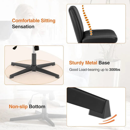 Office chair, armless work chair, wheelless cross legged computer chair, rotatable leather home office desk and chair