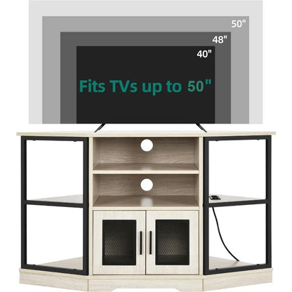 50 Inches Corner TV Stand w/Power Outlet, Entertainment Center TV Media Console Table with 6 Open Storage Shelve for