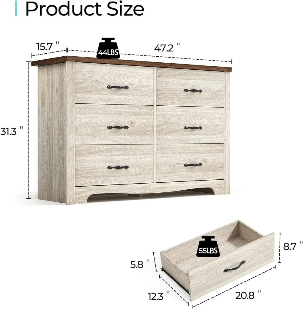 6 Drawer Dresser Black Dresser for Bedroom, Modern Double Dresser Organizer Black Wood Chest of Drawers for Living Room