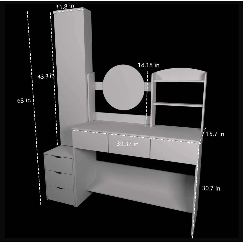 XVURO Vanity Desk with Mirror & Light, Four-Shelf Storage Mirror Cabinet & Six Large Drawers, 3 Lighting Modes Adjustable