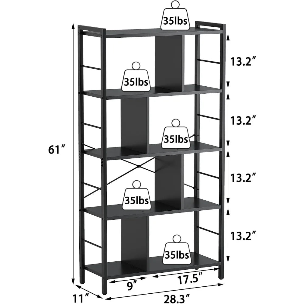 Bookshelf, 5 Tier Tall Industrial Bookcase Wood Metal Frame Standing Bookshelf,Display Bookshelves Storage Organizer for Bedroom