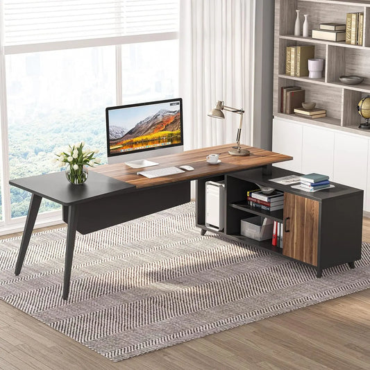 L-Shaped Computer Desk with File Cabinet, Industrial Business Furniture Desk Workstation for Home Office