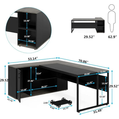 Executive Desk, L Shaped Desk with Cabinet Storage, Executive Office Desk with Shelves（Grey/Brown）optional