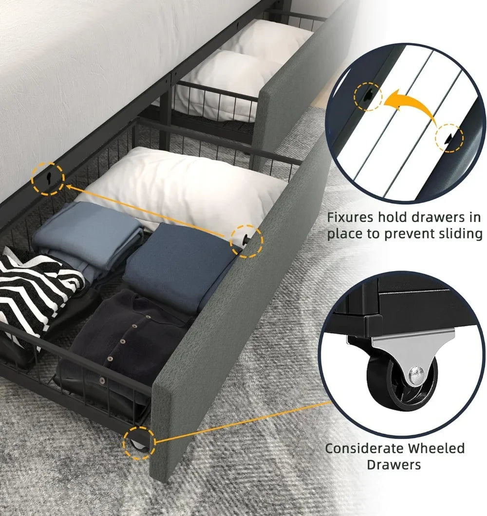 Wancla Queen Size Bed Frame Platform with 4 Storage Drawers No Need for A Box Spring, Wood Slat Support in Dark Grey