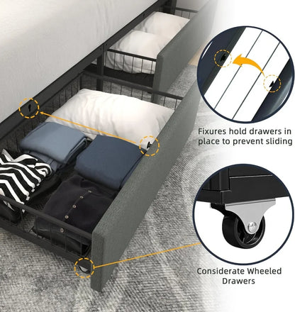 Wancla Queen Size Bed Frame Platform with 4 Storage Drawers No Need for A Box Spring, Wood Slat Support in Dark Grey