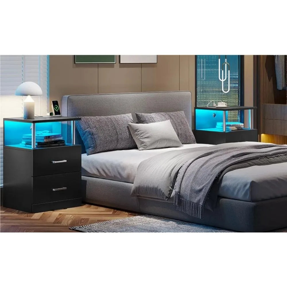 LED bedside table, Bedside table set 2 pieces, Bedside table furniture with open storage and 2 drawers