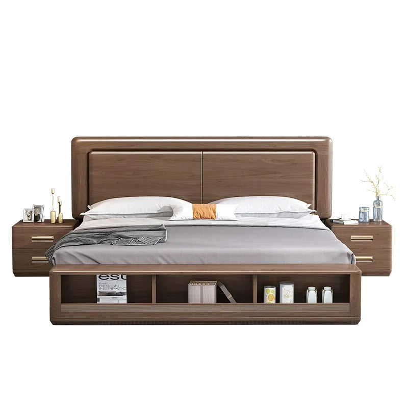 Light luxury Walnut bed modern minimalist king bed master bedroom wedding bed 1.8 meters functional storage bed