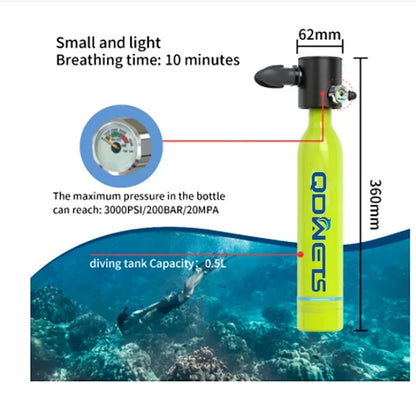 QDWET portable mini scuba diving tank equipment, diving tank, can work for 5-10 minutes, capacity 0.5 liters, refillable design