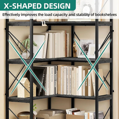 Industrial Corner Shelf 5 Tier Bookcase Display Cabinet Charcoal Gray + Black Home Office Living Room Side Table Desk Organizer