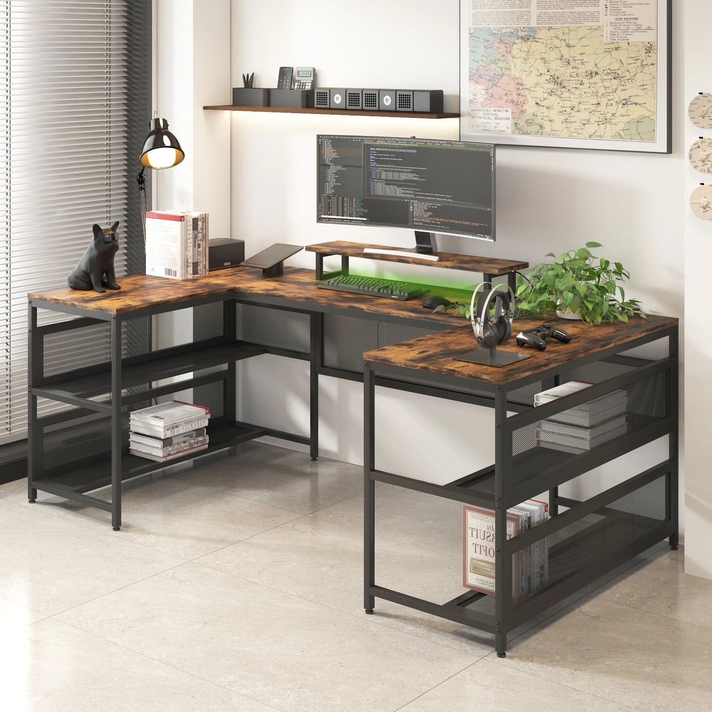 U-shaped Computer Desk with Shelves and LED Lights, Ample Storage Space