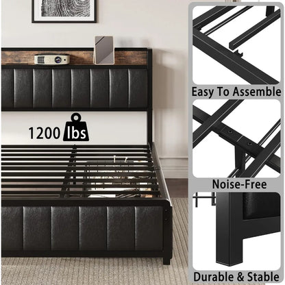 King size Bed Frame with Storage Drawers Footboard Upholstered Platform USB Ports & Outlets Bed