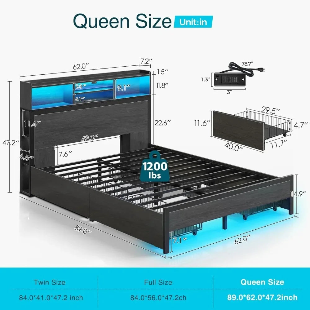 Rolanstar Queen Bed Frame with Storage Headboard Metal Platform Charging Station Bookcase Storage Easy Assembly Black