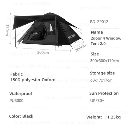 Naturehike-Blackdog Upgrade Automatic Tent 2Door 4 Window Quick Opening Tent Outdoor Camping Portable Rainproof Tent With Canopy