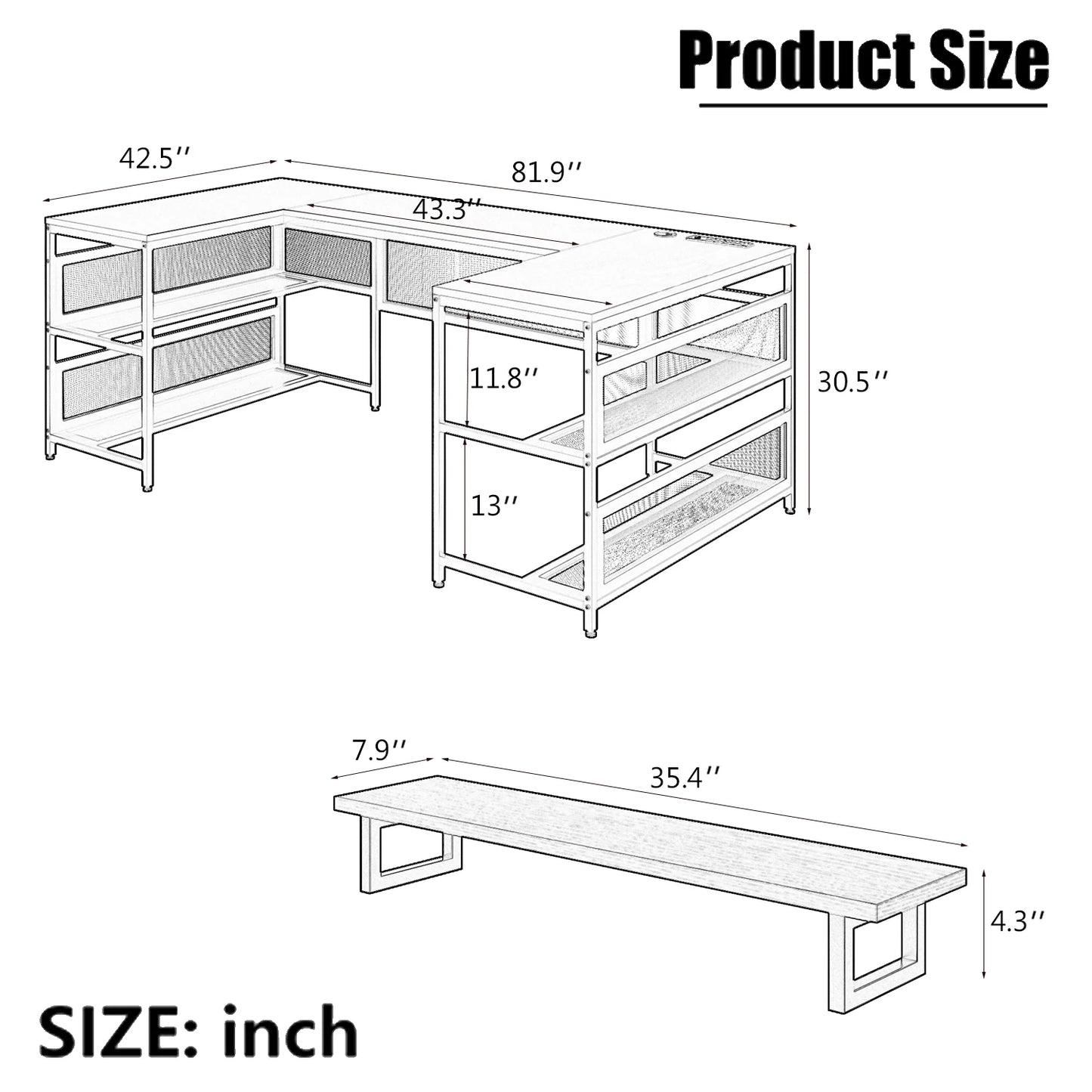 U-shaped Computer Desk with Shelves and LED Lights, Ample Storage Space