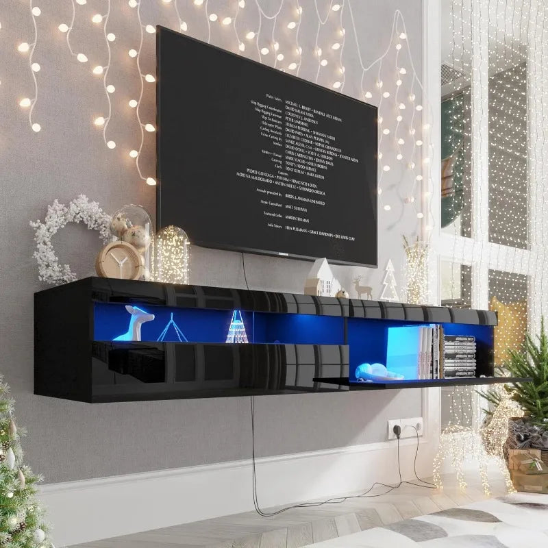 ANTISTA Floating TV Stand with Led Lights 71 inch Wall Mounted TV Shelf with Power Outlet Modern Entertainment Center Media