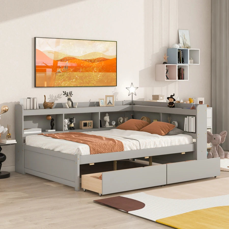 Full Bed with L-shaped Bookcases, Drawers, Storage Drawers, Stylistic Elements, Easy Assembly, Gray, White