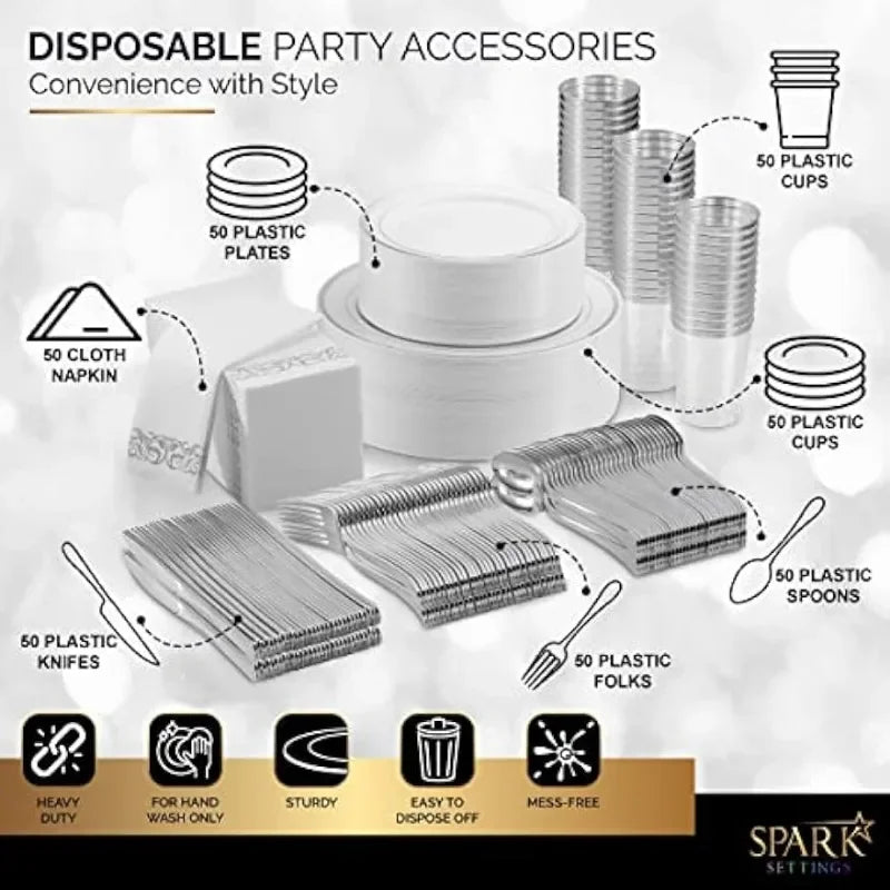 Plastic Plates For Party - Plastic Silverware - 350 PC Wedding Dinnerware Set For 50 Guests disposable dinnerware set