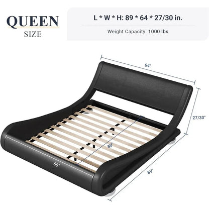 Low Profile Modern Upholstered Platform Sleigh Design - Easy Assembly, No Box Spring Required, Black