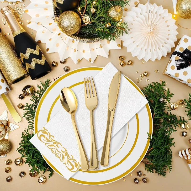 700 Count Gold Dinnerware Set-200 Plastic Plates- 300 Gold Plastic Silverware-100 Gold Plastic Cups-100 Disposable Hand Towel