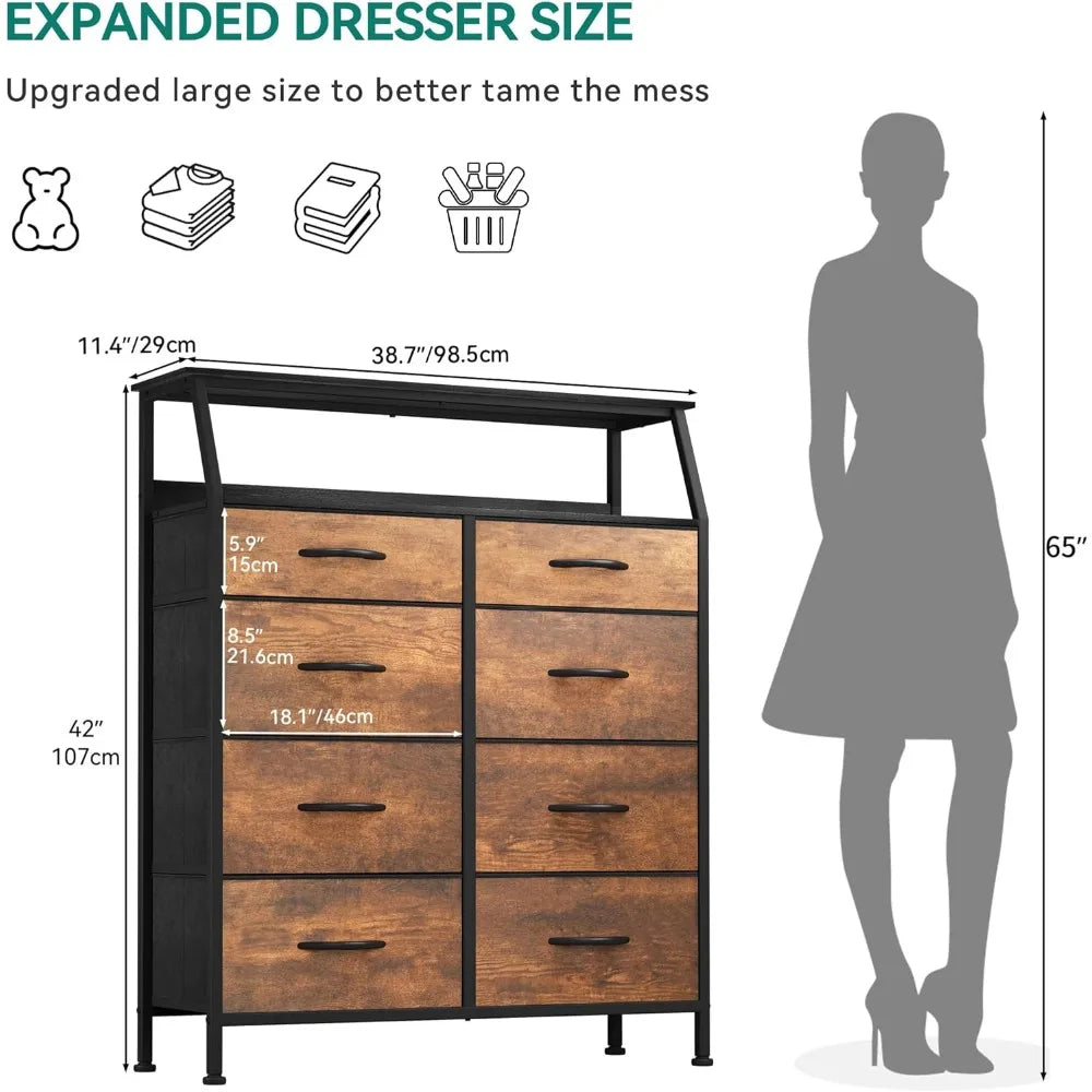 4 Dresser Drawer with 3-Tiers Wood Shelf, Dresser for Bedroom, Chest of Drawers, Sturdy Steel Frame, Easy Pull Fabric Bins