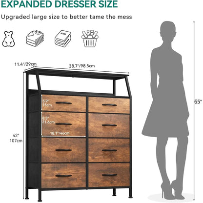 4 Dresser Drawer with 3-Tiers Wood Shelf, Dresser for Bedroom, Chest of Drawers, Sturdy Steel Frame, Easy Pull Fabric Bins