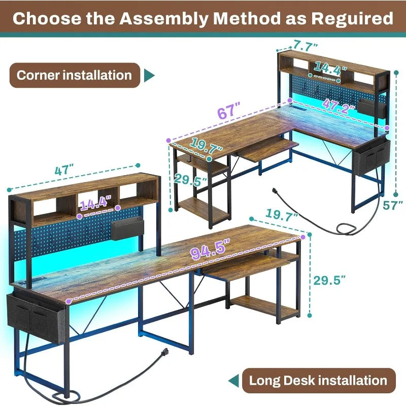 SEDETA L Shaped Computer Desk, Reversible Corner Desk with Power Outlet and Pegboard, Computer Desk with Led Lights