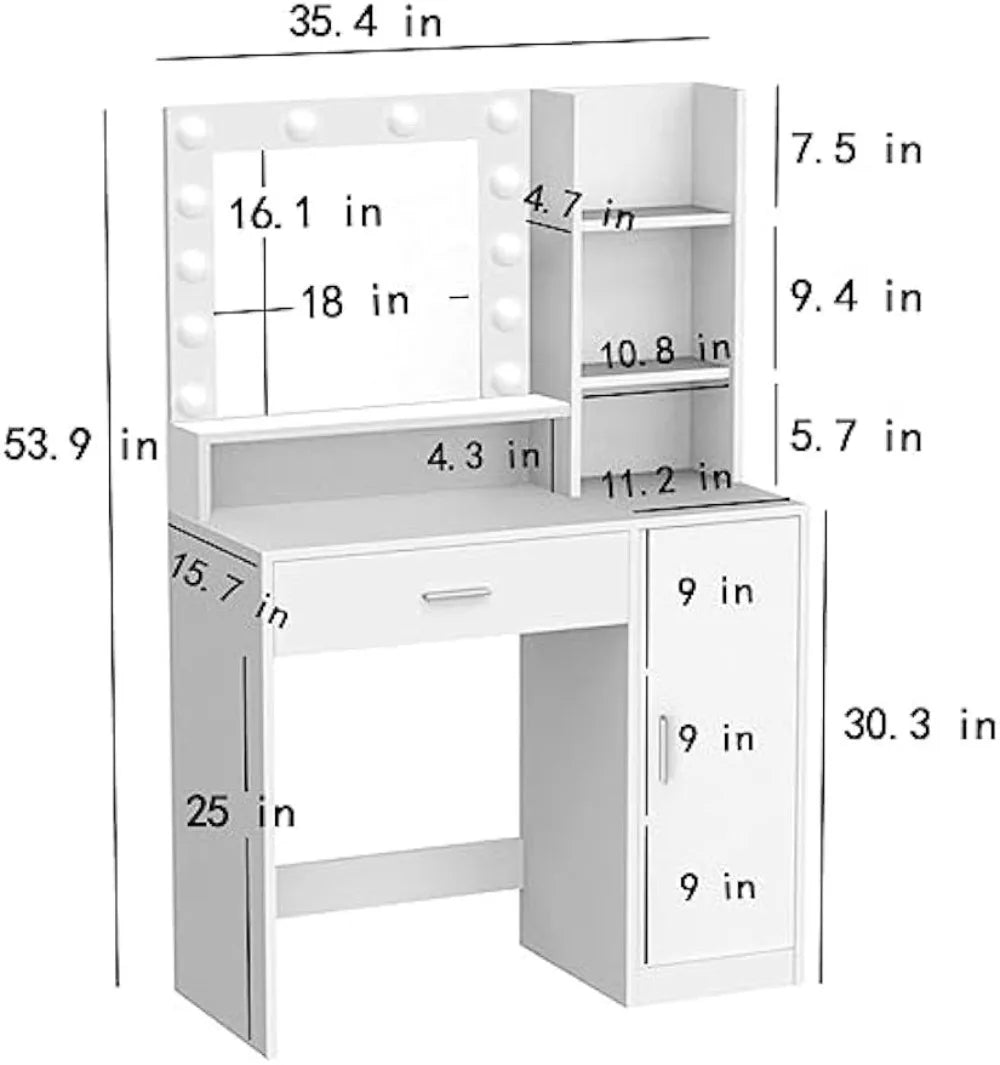 Vanity Desk with Mirror & Light, Large Drawer & Three Level Storage Dresser, 3 Lighting Modes Adjustable Brightness,