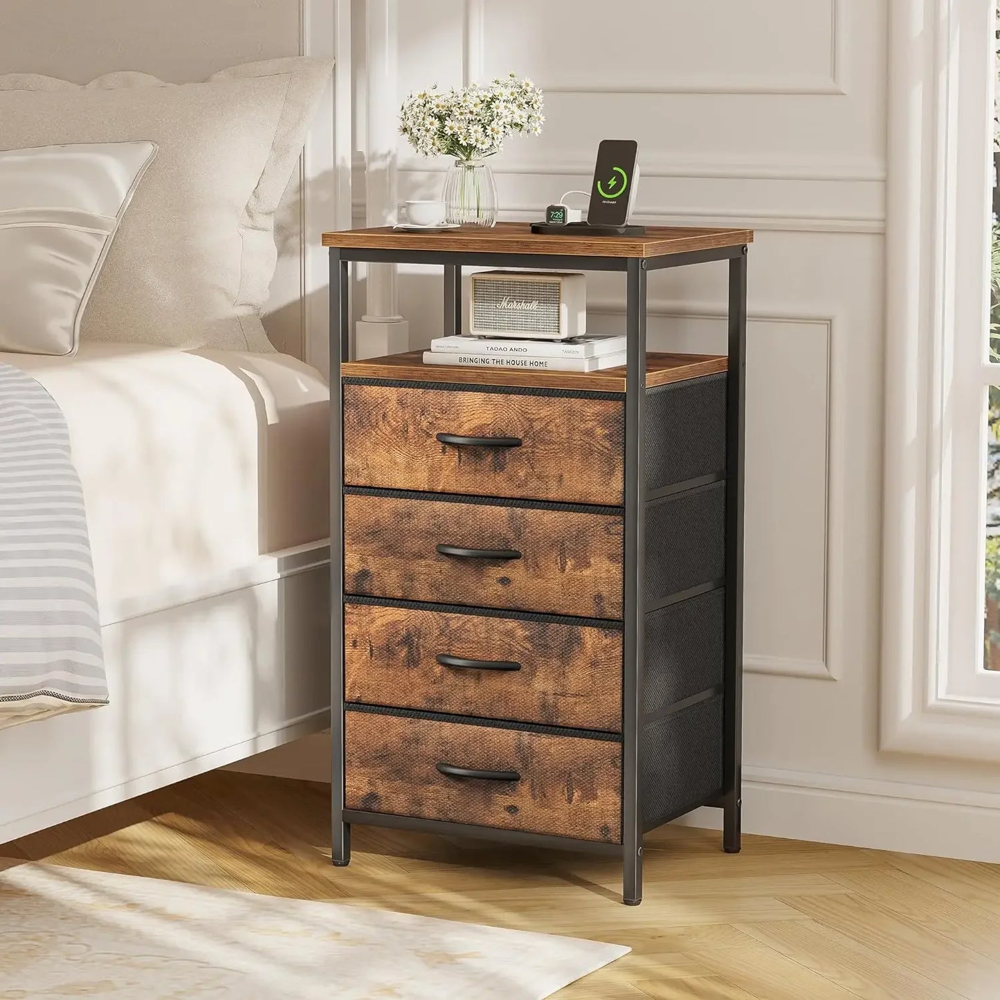 Night Stand with Charging Station, 4 Drawer Dresser for Bedroom, Bedside Table, 33.5 Inch Tall Nightstand  Open Shelf