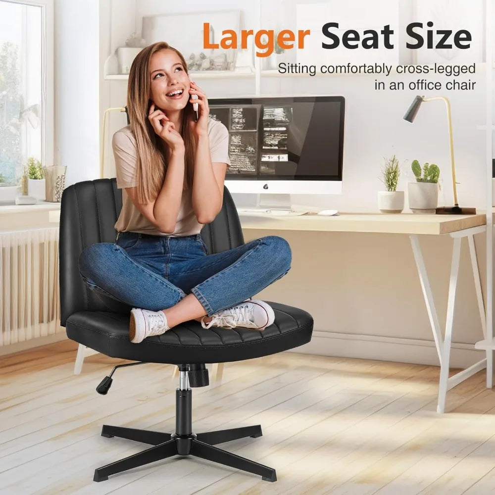 Office chair, armless work chair, wheelless cross legged computer chair, rotatable leather home office desk and chair