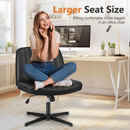 Office chair, armless work chair, wheelless cross legged computer chair, rotatable leather home office desk and chair