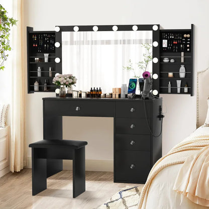 SMOOL Makeup Vanity Desk with Lighted Mirror & Power Outlet 5 Drawers, Table 3 Lighting , Black Set for Bedroom 39.4''