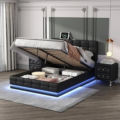 Designs Modern Queen Bed with 2 Nightstands, Black, Platform Bed, LED Lights, Lift-up Storage, USB Charging Station