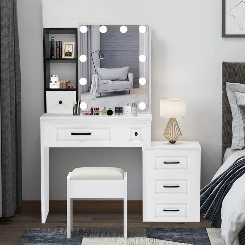 Jinruis Vanity Dressing Table with Light and Mirror, MakeupVanity Desk with Drawer and Cushioned Stool for Bedroom, White (H-50)