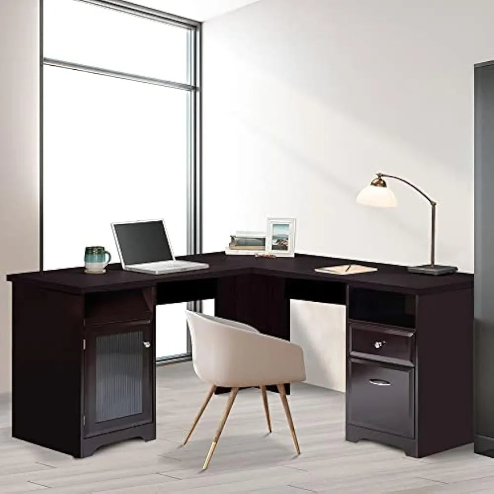 L-shaped table, home office corner computer desk with storage cabinet, dark brown