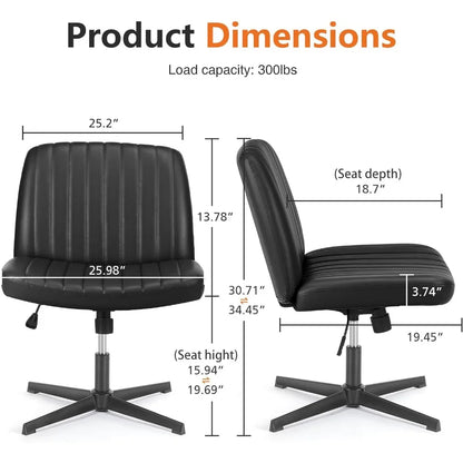 Office chair, armless work chair, wheelless cross legged computer chair, rotatable leather home office desk and chair