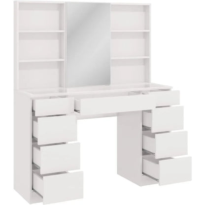 Lily White Makeup Vanity Desk with Mirror Cabinets, Glass Top, 9 Drawers, and Golden Knobs - Modern Vanity Makeup Desk