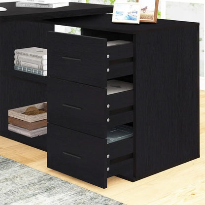 Black L Shaped Computer Desk with Drawers, L Shaped Home Office Desk with Storage Cabinet Shelves