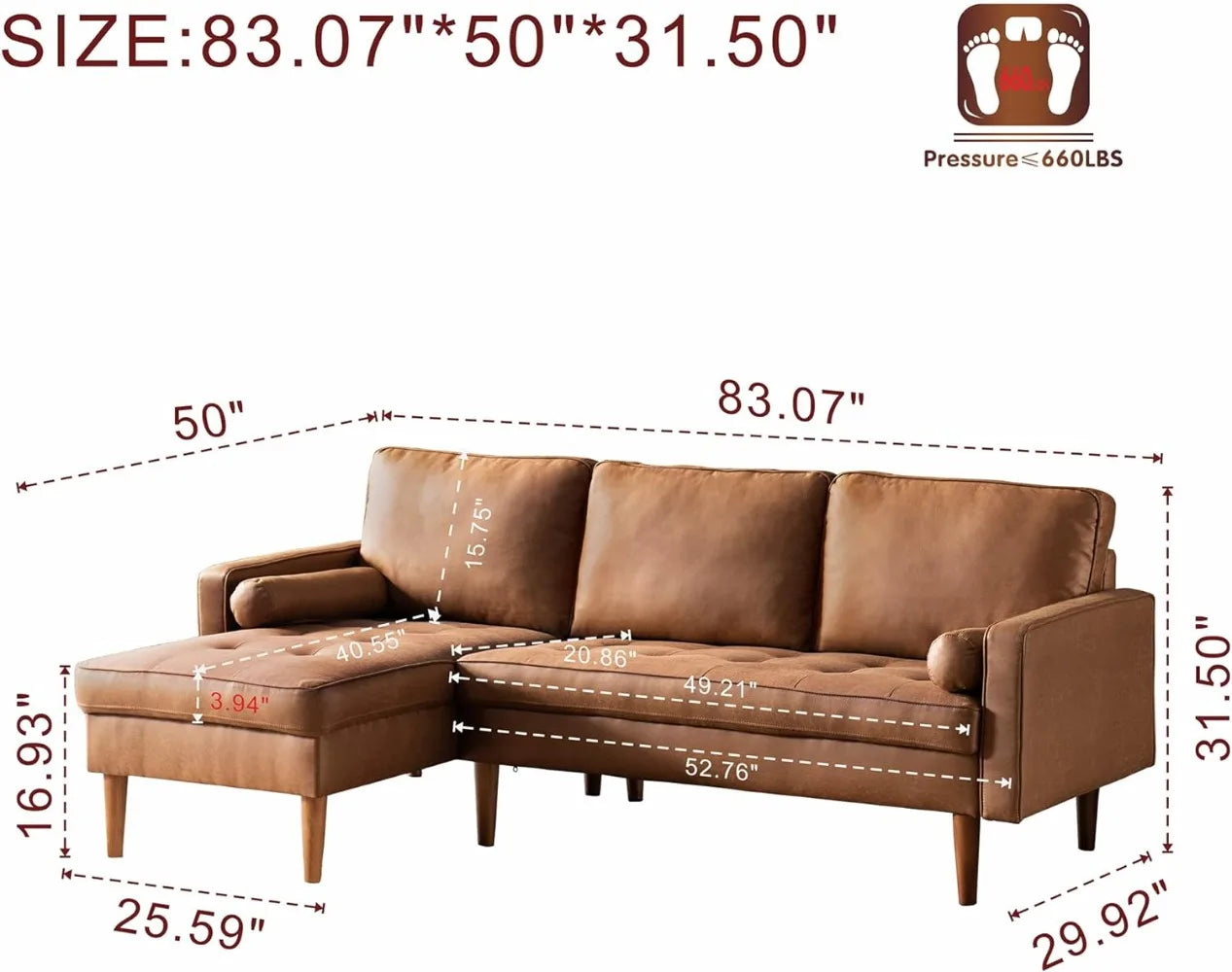 Convertible Sectional Couch L Shaped Sofa with Reversible Chaise for Living Room L Shaped 83 inches Brown  living room furniture