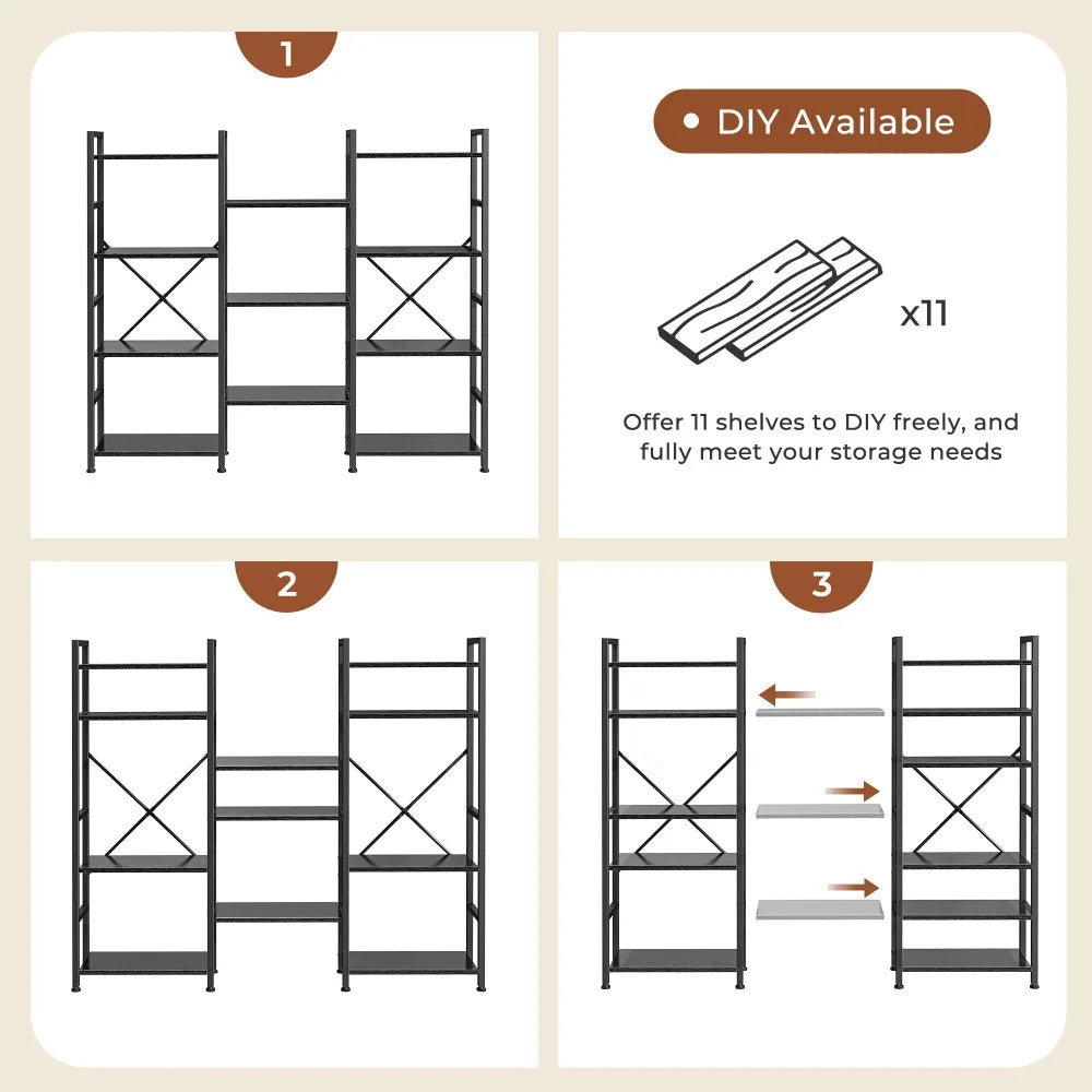 New Triple 4 Tier Bookshelf, Bookcase with 11 Open Display Shelves, Wide Book Shelf Book Case for Home & Office