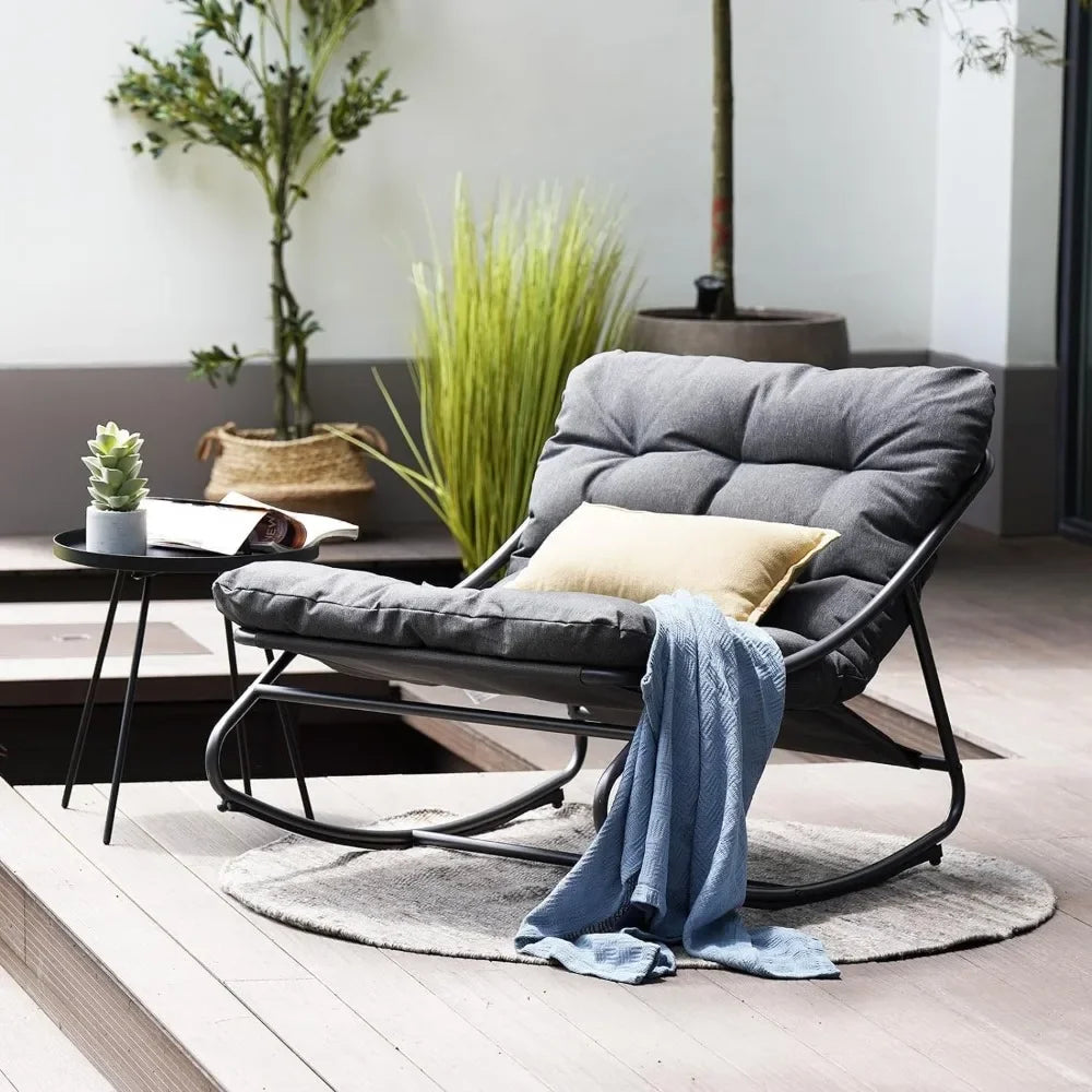 Rocking Chair Outdoor & Indoor, Metal Patio Lounge Rocking with Thick Cushion, Comfy Modern Rocker Chair for Living Room, Porch